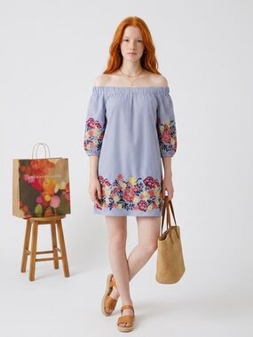 Romeo & Juliet Couture Blue Striped Off-Shoulder Floral Embroidered Dress